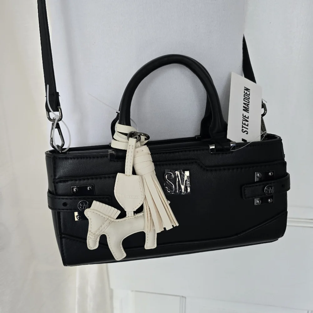 Steve Madden BMEAD Top Handle East West Crossbody Satchel Black Bag Horse Charm